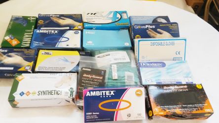 16 pkgs. Various Brands Poly, Latex & Nitrile Disposable Gloves