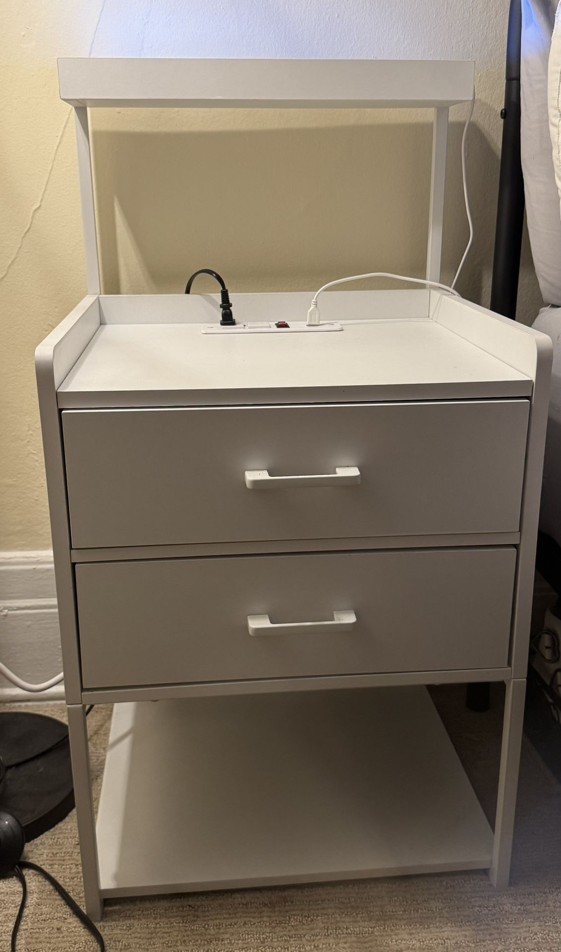 Nightstand with Charging Station, 2 Drawers, LED Lights, 2 USB Ports, 2 Power Outlets with Storage Shelves.