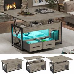 40" Lift Top Coffee Table, 4 in 1 Coffee Tables with Storage Cabinet for Living Room, Small Farmhouse Coffee Table with 2 Fabric Drawers & LED Light f