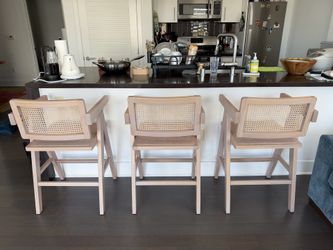Set of 3 Natural Wood & Rattan Counter Stools – $250