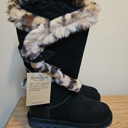 Bearpaw Suede Tall Winter Boot Sheilah Women's 8.5M Black Leopard