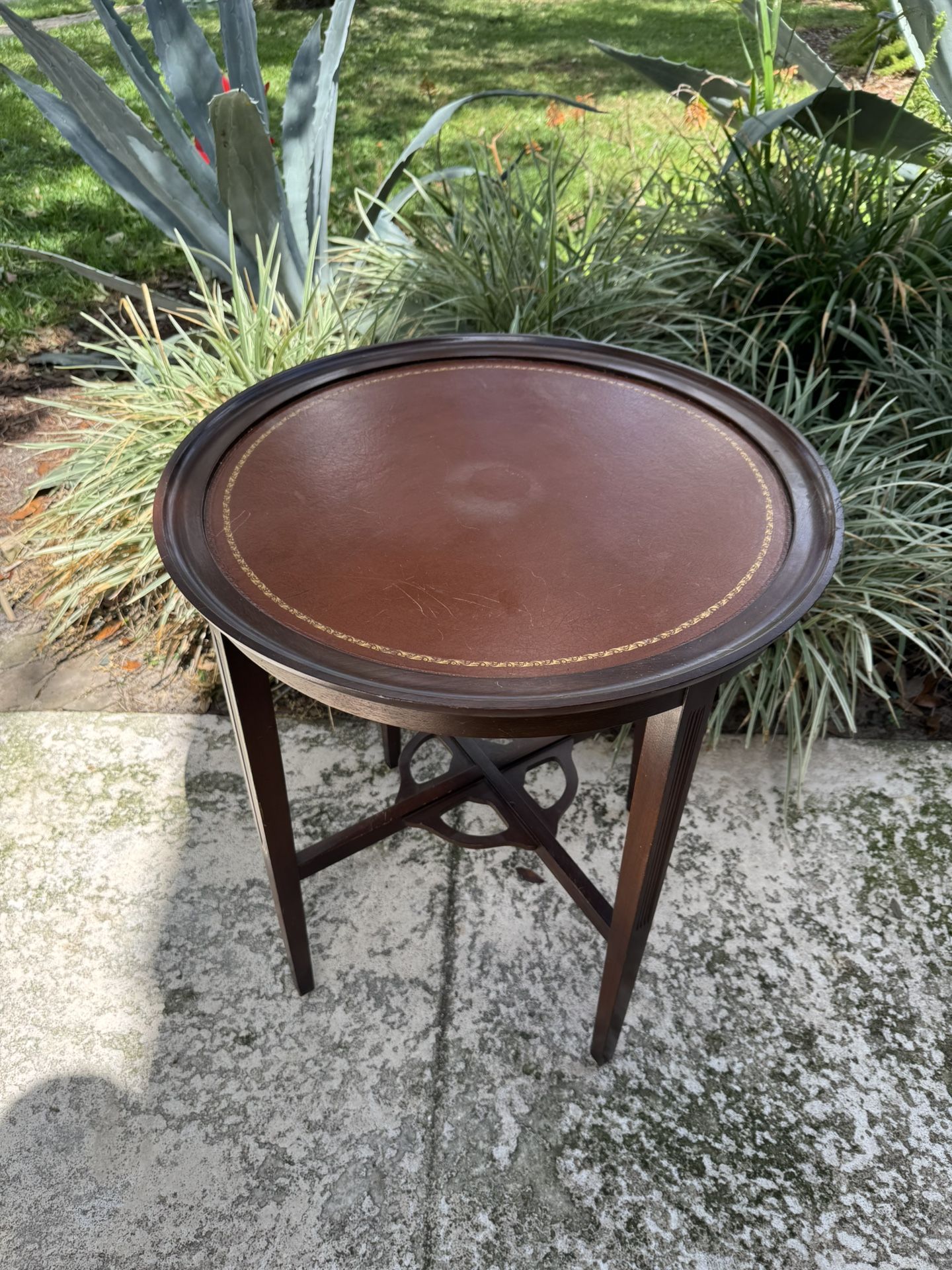 Leather Top Vintage Drum Side Table Gold Foil 