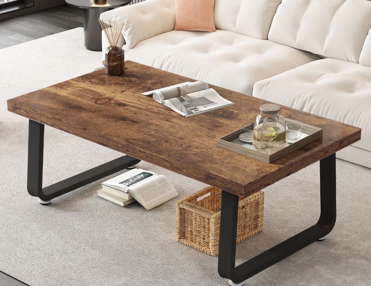 HSH Rustic Coffee Table, Industrial Wood and Metal Center Table, Farmhouse Minimalist Oak Coffee Table for Living Room, Modern Rectangular Wooden Tea&