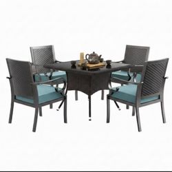 5-Piece Metal Patio Outdoor Dining Set with Rattan Woven Backrest,4 Chairs, Large Table, Umbrella Hole and Blue Cushions