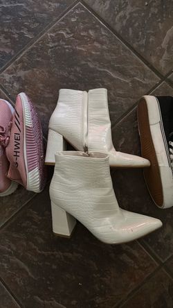 White Croc Embossed Block Heel Ankle Boots