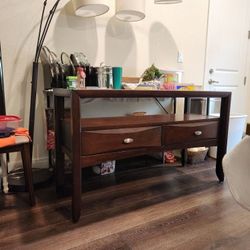 console table
glass top
light brown color glass
2 drawers
50x18x29H"
sturdy
