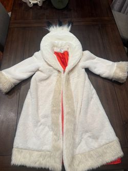 Disney Cruella De Vil White Faux Fur Costume Coat with a bright red interior lining and a hooded design featuring black and white accents.