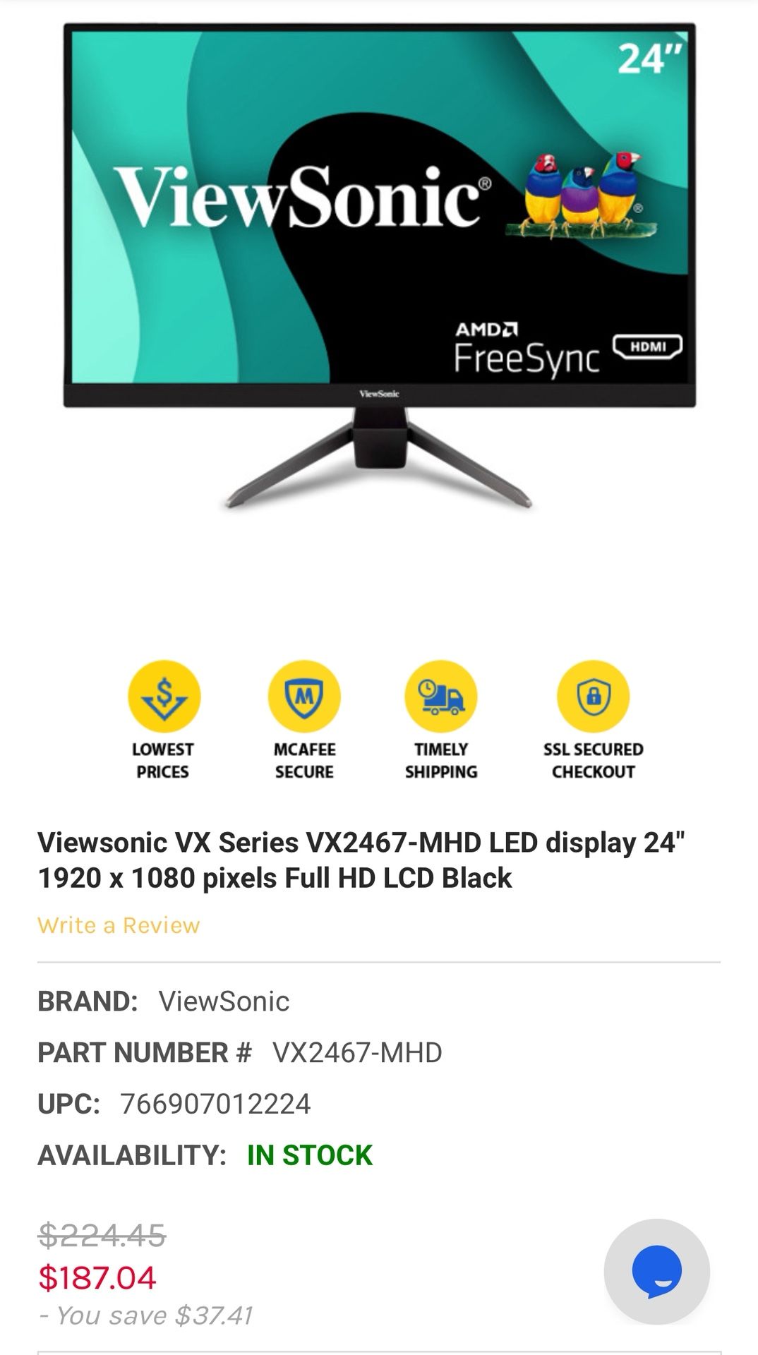 ViewSonic® VX2467-mhd Full HD LED Backlit Display