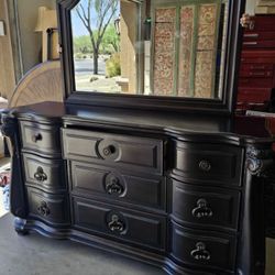 Magnussen Home Vellasca Collection, Large 9 Drawer Dresser & Decorative Mirror, Antique Ebony
