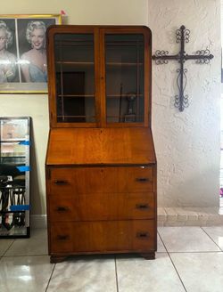 VINTAGE ART DECO TALL SECRETARY DESK WITH BOOKCASE & KEY- Solid Wood