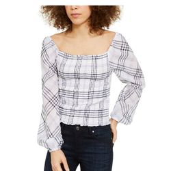 Inc Plaid Smocked-bodice Top Size Small 
