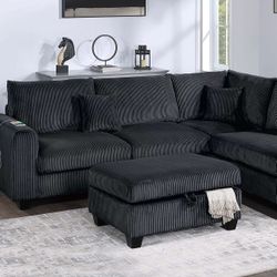 3-Piece Sectional Set RAF Chaise + LAF Sofa W/ USB Port + Storage Ottoman  Color: Black.  💢  Bonito Seccional De 3 Piezas Color Negro Nuevo En Caja 