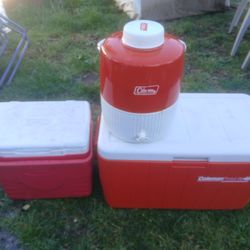 Coleman coolers for camping red and white 3 sizes