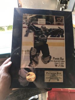 Patrick Roy memorabilia with gold coin