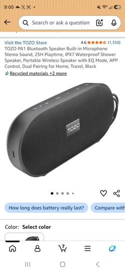 TOZO PA1 Bluetooth Speaker — IPX7 Waterproof, Black
