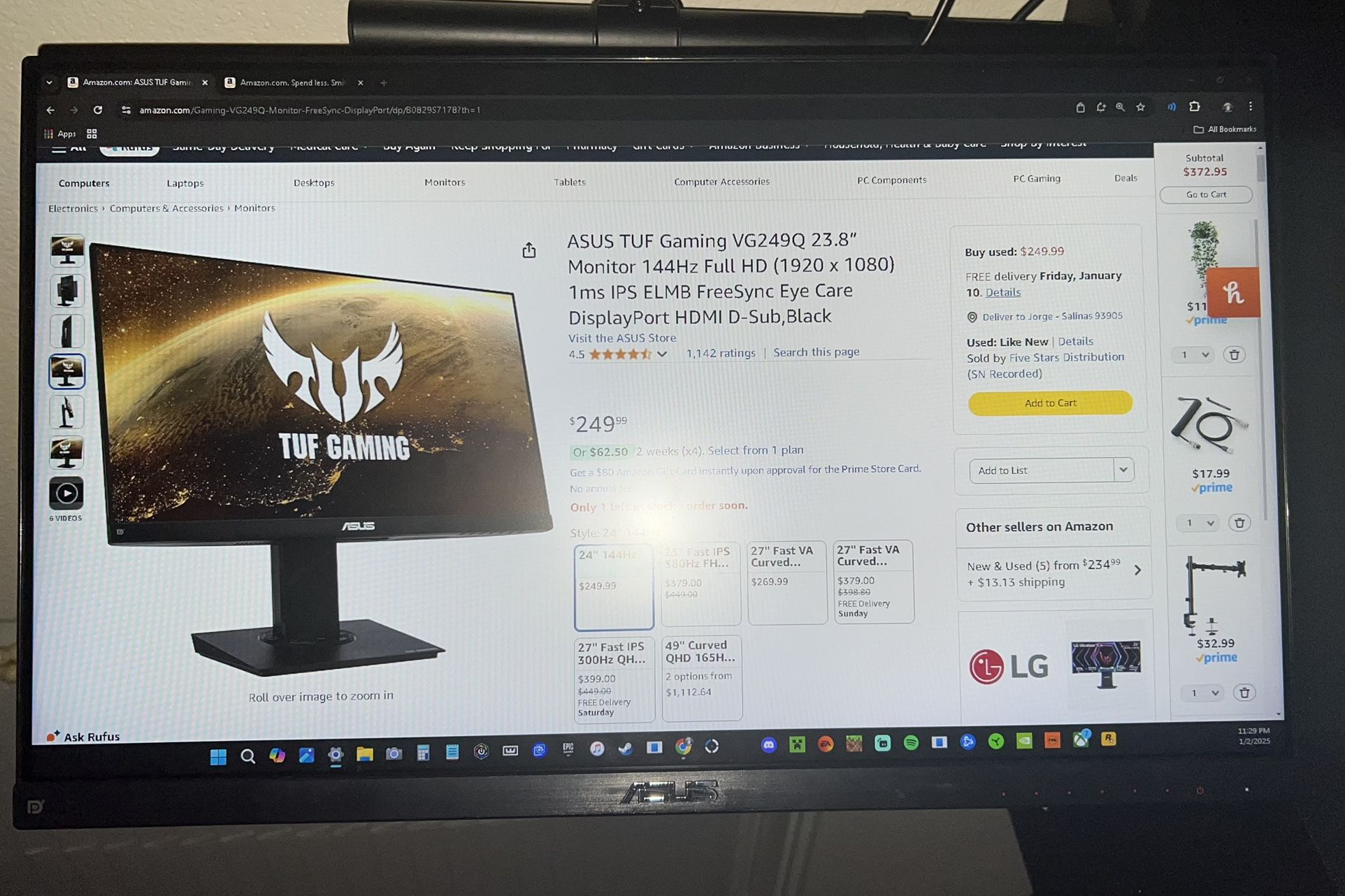 ASUS TUF Gaming VG249Q 23.8” Monitor 144Hz Full HD (1920 x 1080) 1ms IPS ELMB FreeSync Eye Care DisplayPort HDMI D-Sub,Black