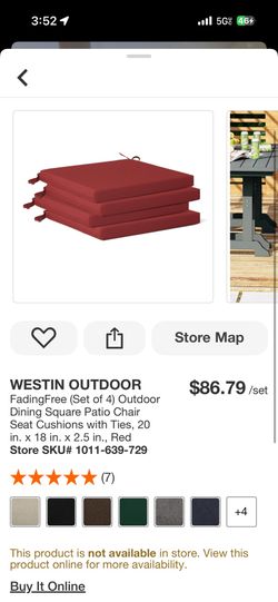 FadingFree (Set of 4) Outdoor Dining Square Patio Chair Seat Cushions with Ties, 20 in. x 18 in. x 2.5 in., Red