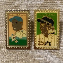 Jackie Robinson and Lou Gehrig USPS Metal Postage Stamps, Lapel Pins.