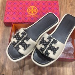 Tory Burch Cream And Black Crystal Double T Sport Slide Sandals