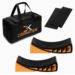 CARMTEK Camper Leveler Premium Kit - Curved RV Levelers with Camper Wheel Chocks, Rubber Mats and Carry Bag | Faster Camper Leveling Than RV Leveling 