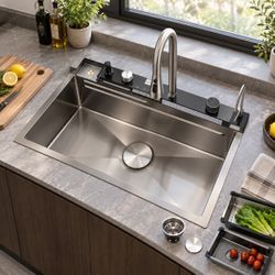 16-Gauge Black Stainless Steel 30 in. x 18 in. Drop-In Bar Sink with Pull-Out Faucet and Cutting Board