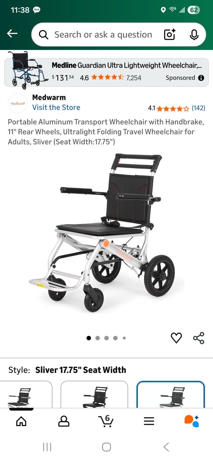 Portable Aluminum Transport Wheelchair with Handbrake, 11" Rear Wheels, Ultralight Folding Travel Wheelchair for Adults, Sliver ( Width:17.75") S2
  