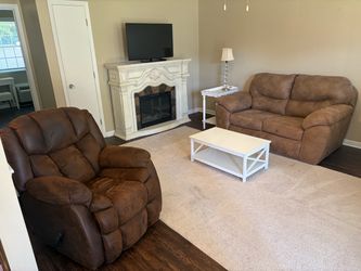 Brown Microfiber Loveseat and Recliner Set, Electric Fireplace, Coffee Table, 36” TV, and Side Table