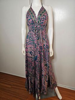 NWOT Bohemian Hippie Halter Maxi Dress in Pink & Teal 100% Viscose Size S/M