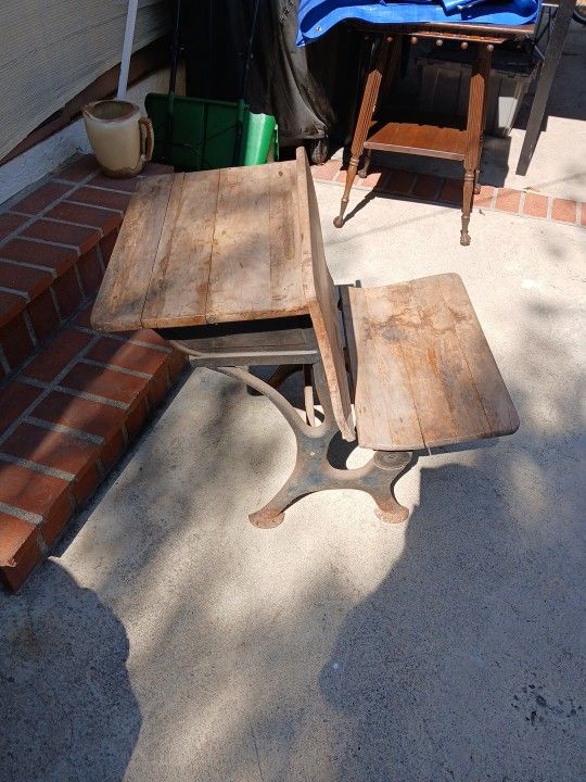 Old Vintage School Desk With Folding Seat