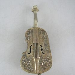 Vtg Gold Tone Embossed Cello/Violin Musical Metal Trinket Box-Japan


