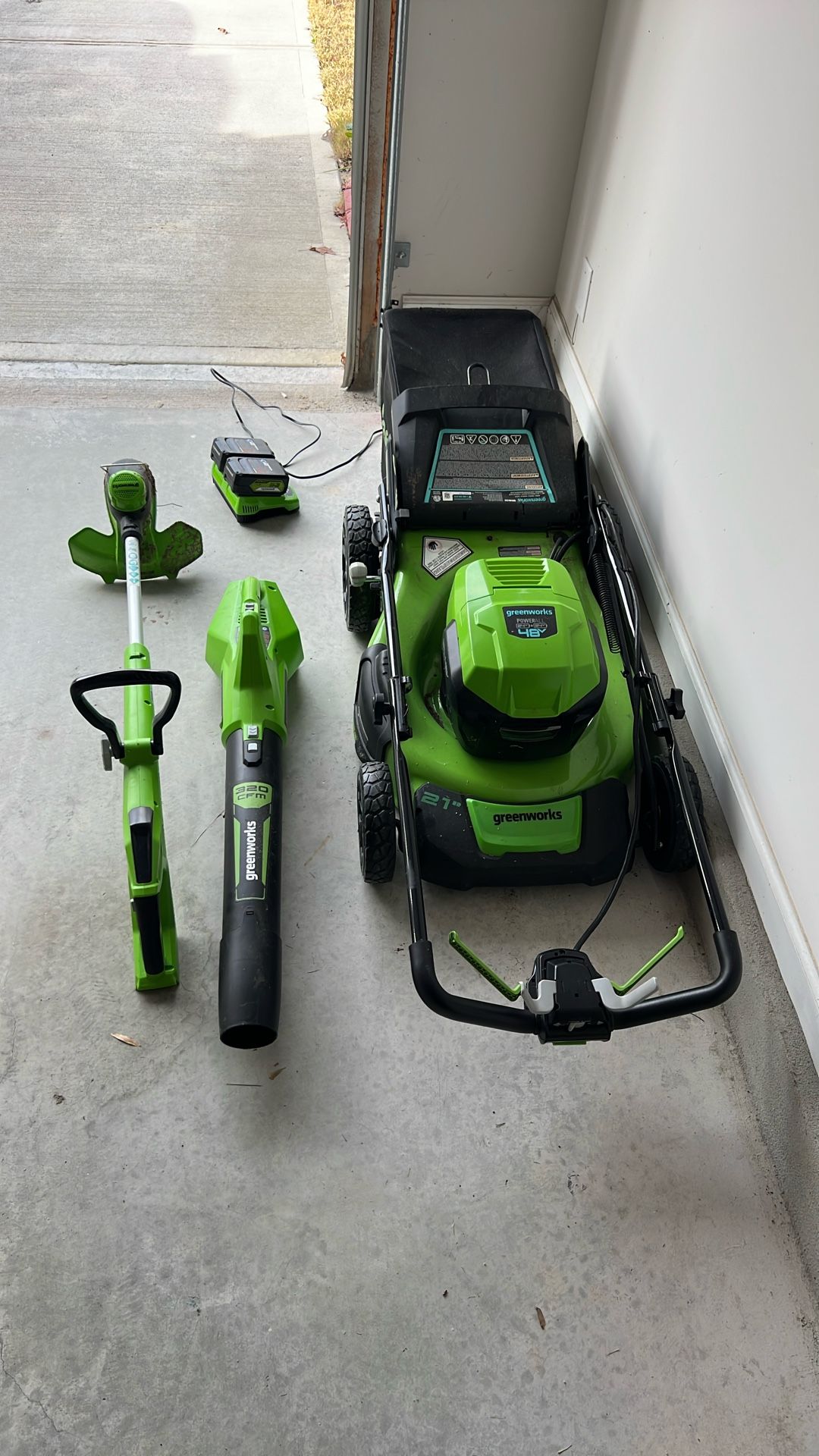 Green works 21" 48V Lawnmower Along With Trimmer And Blower