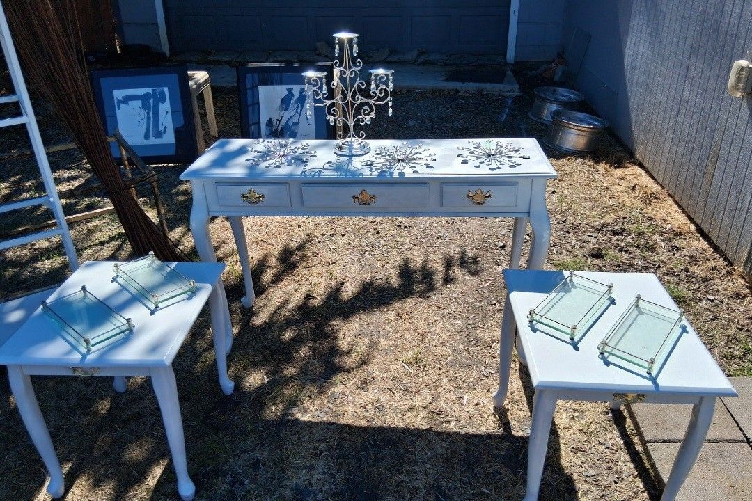White Desk & 2 Side Tables. 3 Piece