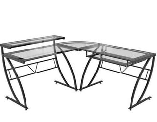 Glass top, L shaped metal desk.