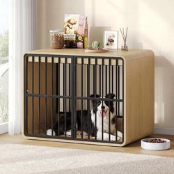 32" Dog Crate Furniture End Table for Medium Dogs, Natural Oak Rounded corners and metal bars create a cozy retreat for Beagles and Cocker Spaniels wh
