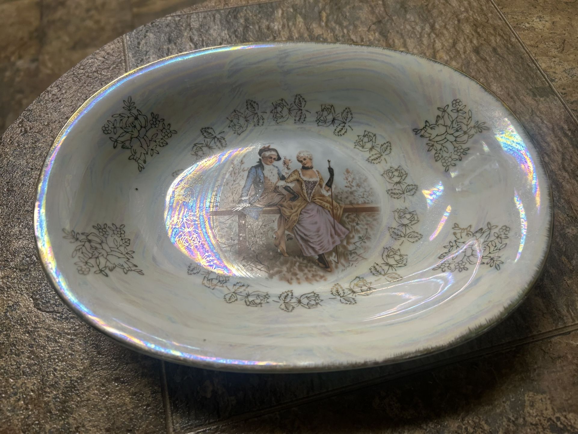 Rare Vintage Yusui Iridescent Victorian Couple Serving Dish Japan