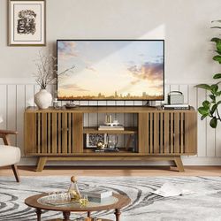 63-Inch TV Stand for TVs up to 75 Inch, Mid-Century Modern Television Stand with Power Outlet， Entertainment Center with Sliding Grille Door Cabinets 