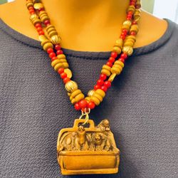 Japan Three Mice Boxwood Pendant Double Strand Wooden, Metal & Glass Beads 22”. 