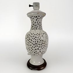 Chinese Blanc De Chin 1880s-1920s Pierced White Porcelain Lamp W Ruyi Accents 