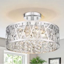 Carved Metal Shade Crystal Accents Ceiling Lights 13.78-in Chrome Indoor LED Semi-flush Mount Light with Crystal S