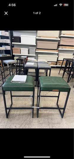 26" Counter Height Bar Stools Leather w/ Stitching Mid-Century Modern Set of 2 - Green