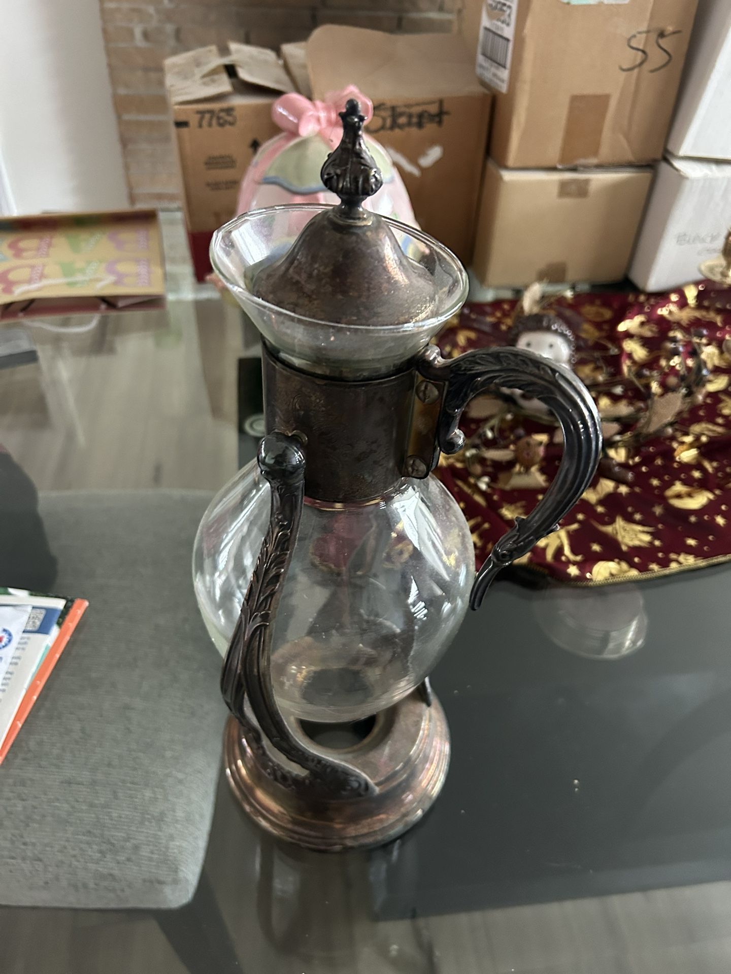 Vintage Silver Plate & Glass Coffee Carafe & Pouring Stand Wine Decanter MCM 15”