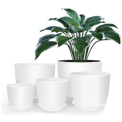 Plastic Planter with Saucers,8/7/6/5.5/5 Inch Flower Pot Indoor Modern Decorative Plastic Pots for Plants with Drainage Hole and Tray for All House Pl