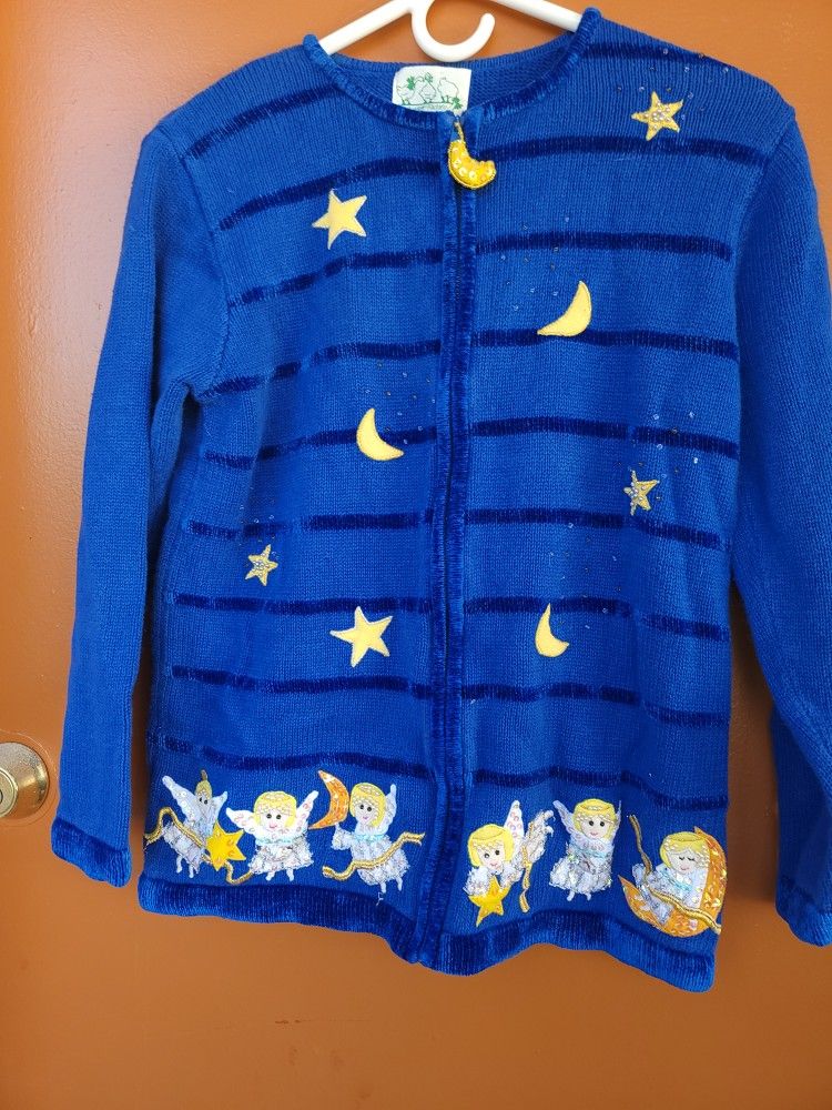VTG Quacker Factory Christmas Sweater Cardigan Full Zip Blue Angels Stars Moon M?