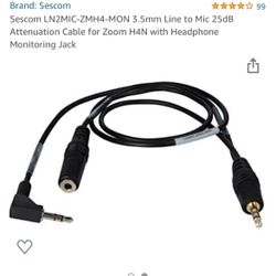 Sescom LN2MIC-ZMH4-MON 3.5mm Line to Mic 25dB Attenuation Cable for Zoom H4N with Headphone Monitoring Jack