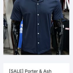 New Porter & Ash Premium Stretch Navy Button Down Shirt- Short Sleeve XL