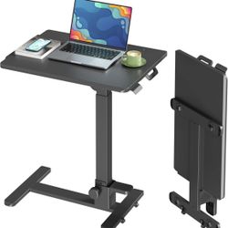 Foldable Mobile Standing Desk, 27 Inch Small Rolling Laptop Cart Height Adjustment, 90 Tiltable Sofaside Table, No Assembly Needed Portable Computer W