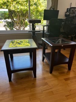 Matching Cherry Wood End Tables with Glass Tops – Set of 2