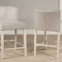New Set of 2 XL Wide Seat Counter Height Backed Bar Stools White Wood Stool Gray Cushion