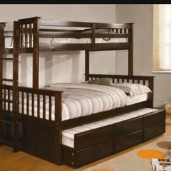 Brand New Espresso Twin Over Full Bunk Bed w Trundle Bed + Drawers