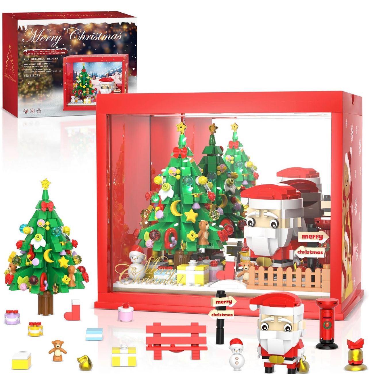 Santa Claus Christmas Tree Building Blocks Kit - 512 Pieces Magic Christmas Night Abyss Mirror, Surprise Xmas Gifts with LED Light Building Toys, Chri